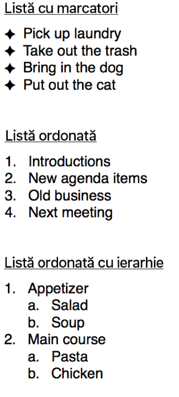 Exemple de liste cu marcatori, liste ordonate și liste ordonate pe ierarhii.