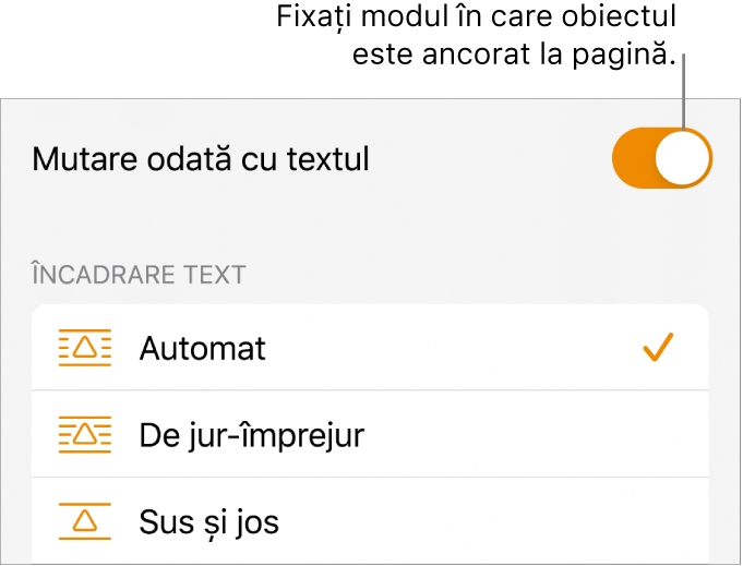 Comenzile de Aranjare, cu Mută în spate/față, Se mută cu textul și Încadrare text