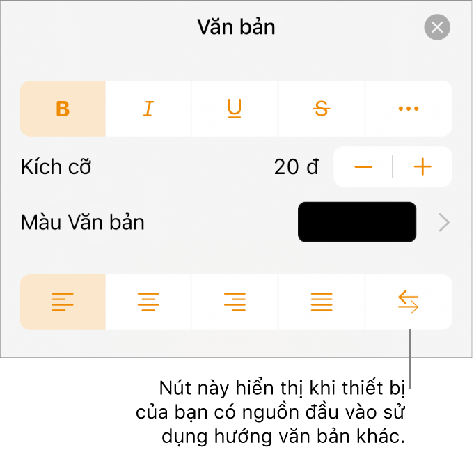 Các điều khiển văn bản trong menu Định dạng với chú thích đang trỏ tới nút Phải sang trái.