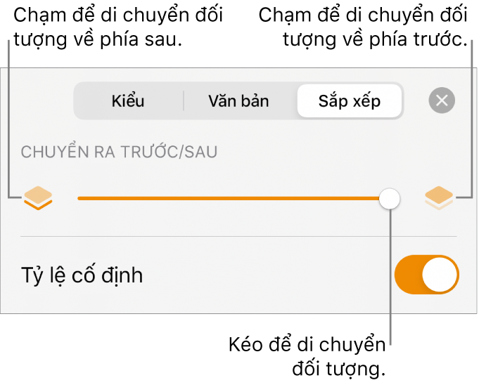 Nút Chuyển ra sau, nút Chuyển ra trước và thanh trượt tạo lớp.