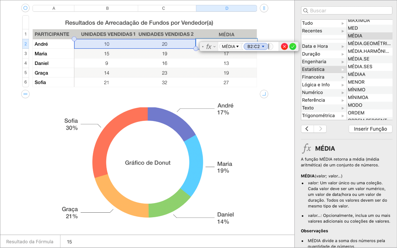 Uma planilha mostrando a média das vendas beneficentes e a barra lateral Funções.