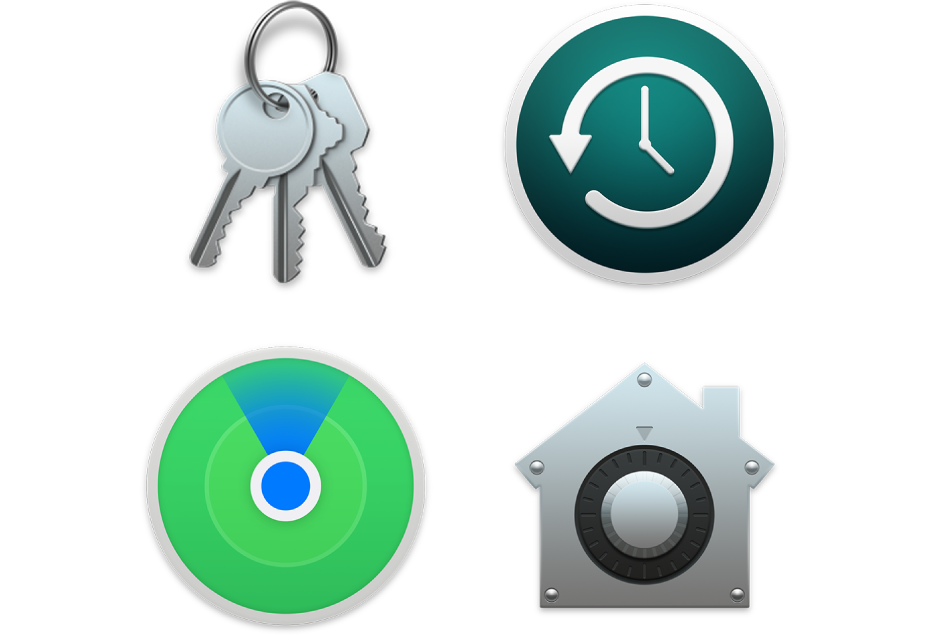 الأيقونات التي تمثل ميزات الأمان التي تساعد على حماية بياناتك وحماية الـ Mac.