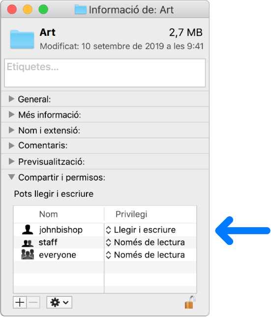 La configuració dels permisos, a la part inferior d’una finestra d’informació.