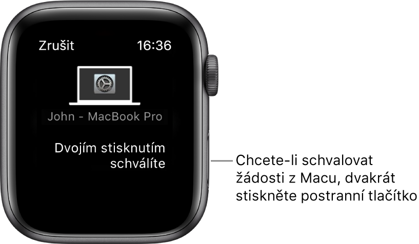 Hodinky Apple Watch se zobrazenou žádostí o schválení z MacBooku Pro