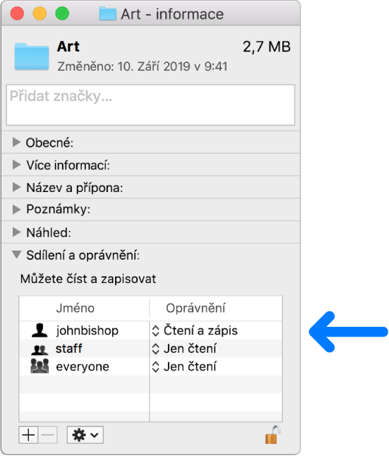 Nastavení oprávnění v dolní části informačního okna