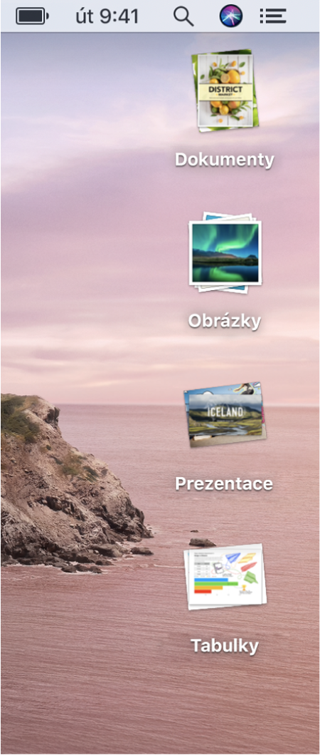 Plocha Macu se čtyřmi sadami – pro dokumenty, obrázky, prezentace a tabulky – podél pravého okraje obrazovky.