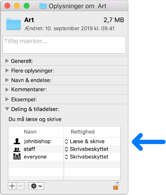 Indstillinger til tilladelser nederst i et Infovindue.