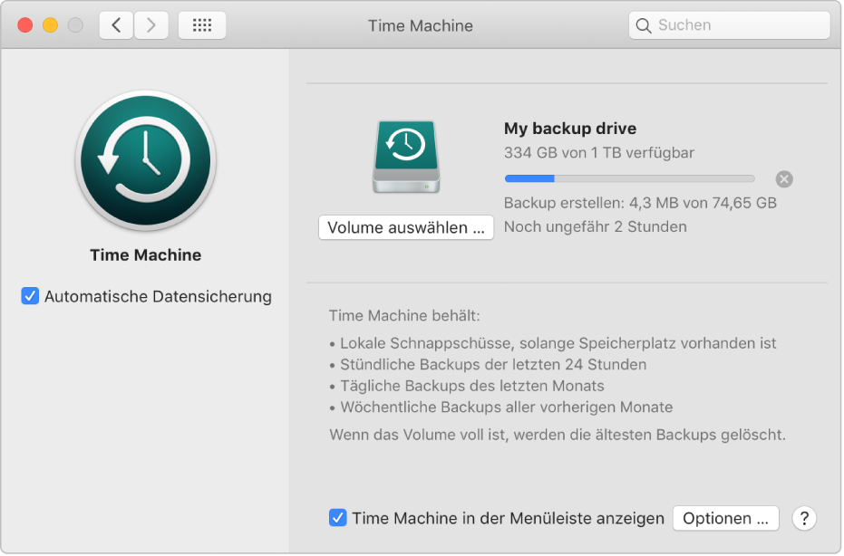 Systemeinstellung „Time Machine“ mit der Statusanzeige eines Backups auf einem externen Laufwerk