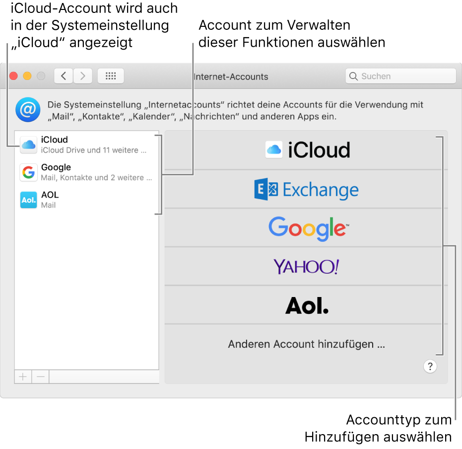 Systemeinstellung „Internetaccounts“ mit Accounts rechts und den verfügbaren Accounttypen links