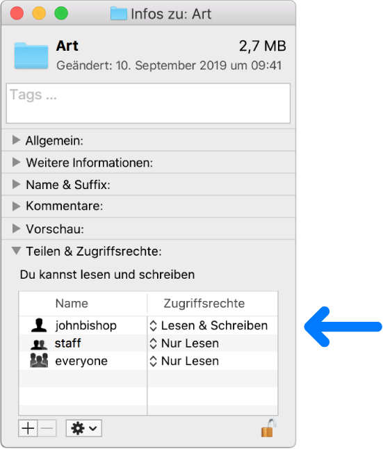 Berechtigungseinstellungen unten in einem Informationsfenster