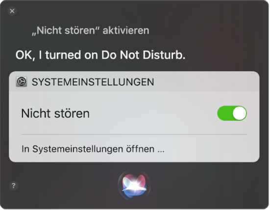 Das Siri-Fenster zeigt eine Anfrage zum Abschließen einer Aufgabe „Aktiviere Nicht stören“.