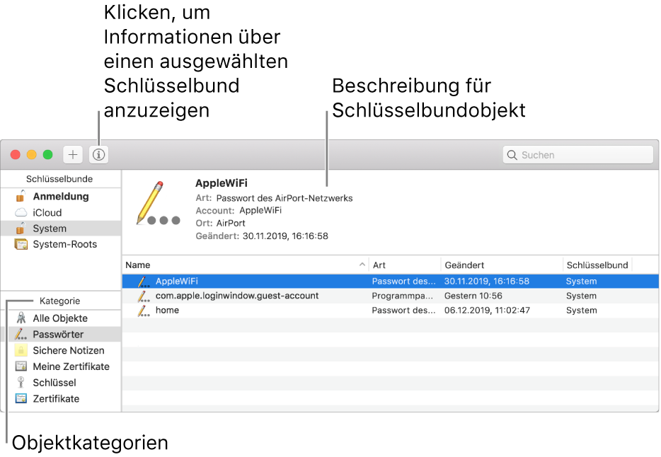 Die Hauptbereiche des Fensters „Schlüsselbundverwaltung“: die Liste der Kategorien, die Liste der Schlüsselbundobjekte und eine Beschreibung der Schlüsselbundobjekte.