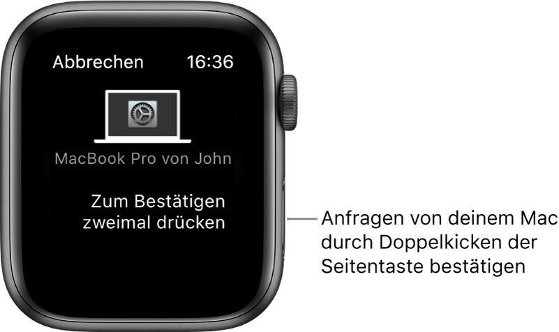 Die Apple Watch zeigt eine Bestätigungsanfrage von einem MacBook Pro an.