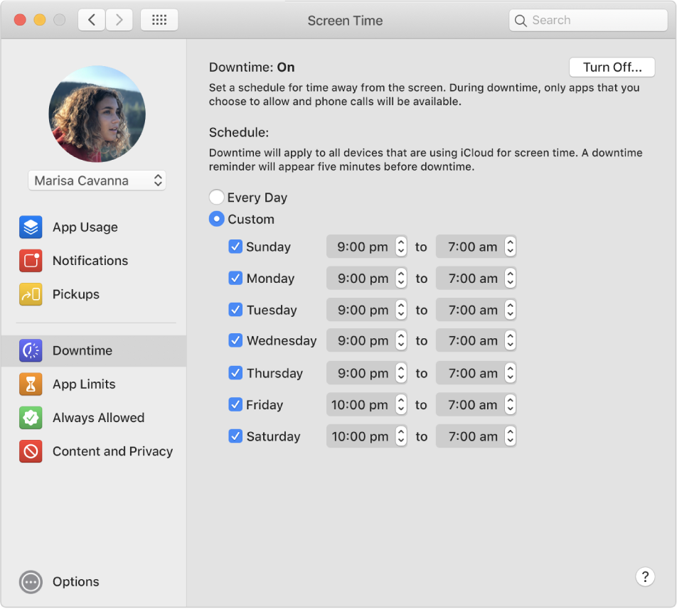 The Screen Time Downtime pane with Downtime turned on. A custom downtime schedule for each day of the week is set up.