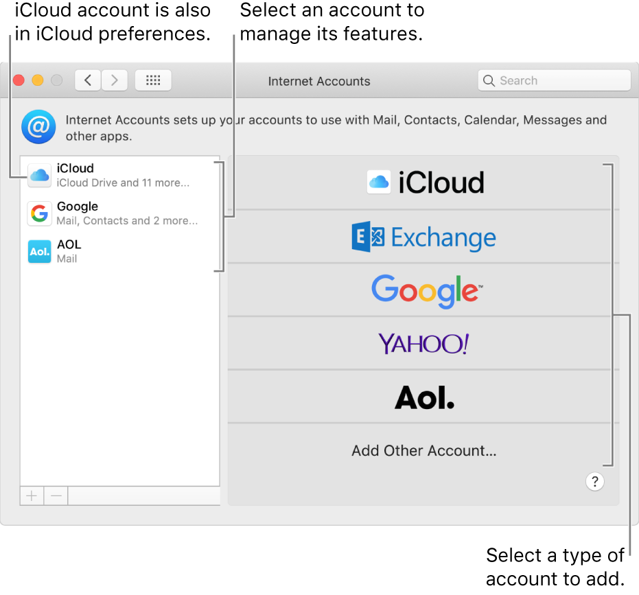 Internet Accounts preferences with accounts listed on the right and available account types listed on the left.