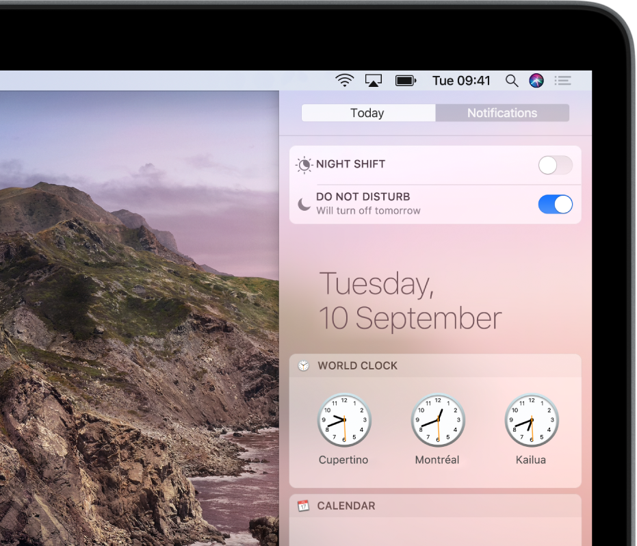 Notification Centre showing the button to turn Do Not Disturb on or off.