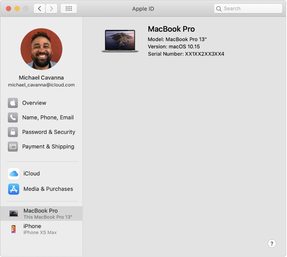 Apple ID preferences showing a sidebar of different types of account options you can use and the Trusted Device list for an existing account.