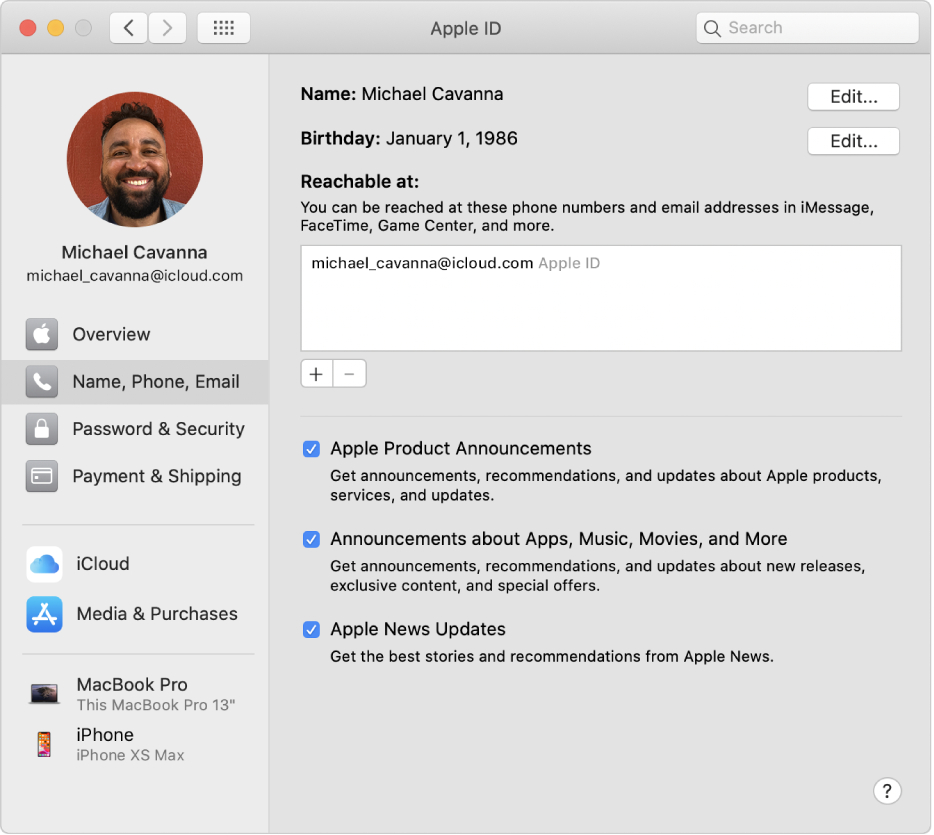 Apple ID preferences showing a sidebar of different types of account options you can use and the Name, Phone, Email preferences for an existing account.