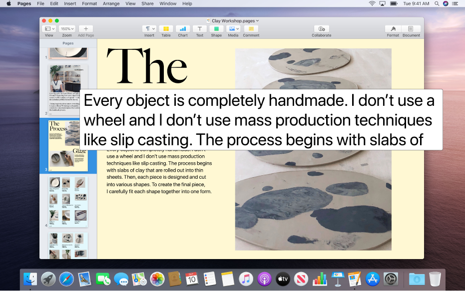 A Pages document with the Hover Text window showing a high-resolution large version of text in the document.