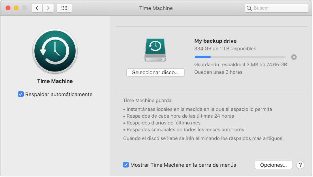 Preferencias de Time Machine mostrando el progreso del respaldo en una unidad externa.