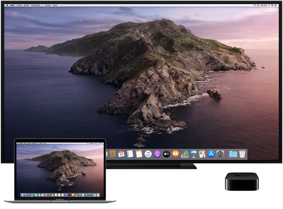 Una Mac, una TV de alta definición y un Apple TV configurados para la duplicación por AirPlay.