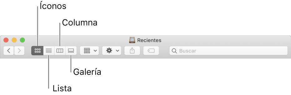 Los botones Ver en una ventana del Finder.