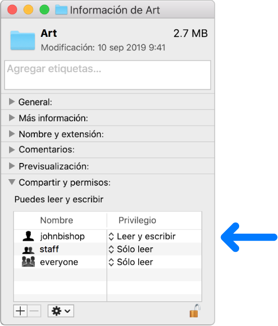 La configuración de permisos en la parte inferior de una ventana de información.