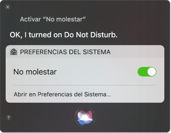 Ventana de Siri mostrando una solicitud para completar la tarea, “Activa no molestar”.