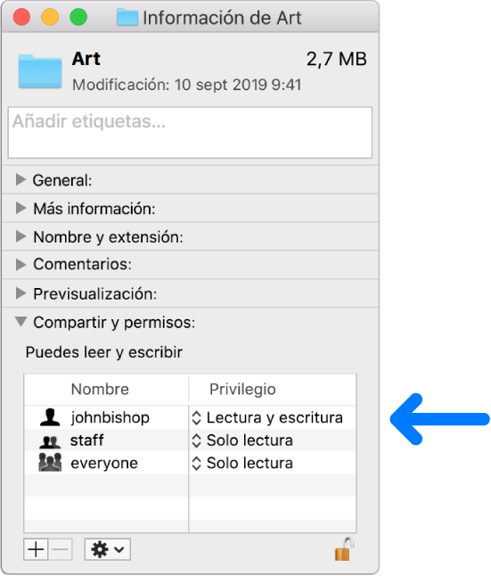 Los ajustes de permisos en la parte inferior de una ventana de información.