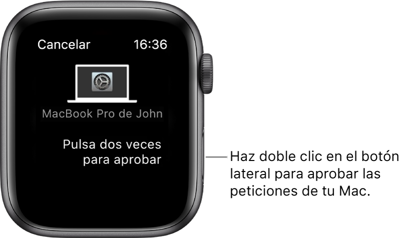 Apple Watch con una solicitud de aprobación de un MacBook Pro.