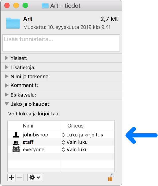 Oikeusasetukset Tiedot-ikkunan alareunassa.