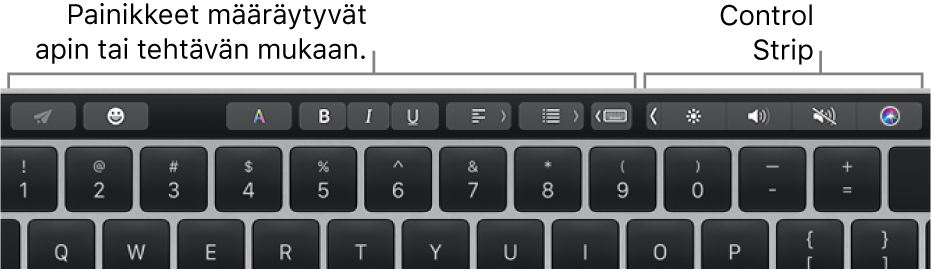 Touch Bar, jossa on vasemmalla apin tai tehtävän mukaan vaihtelevia painikkeita ja oikealla pienennetty Control Strip.