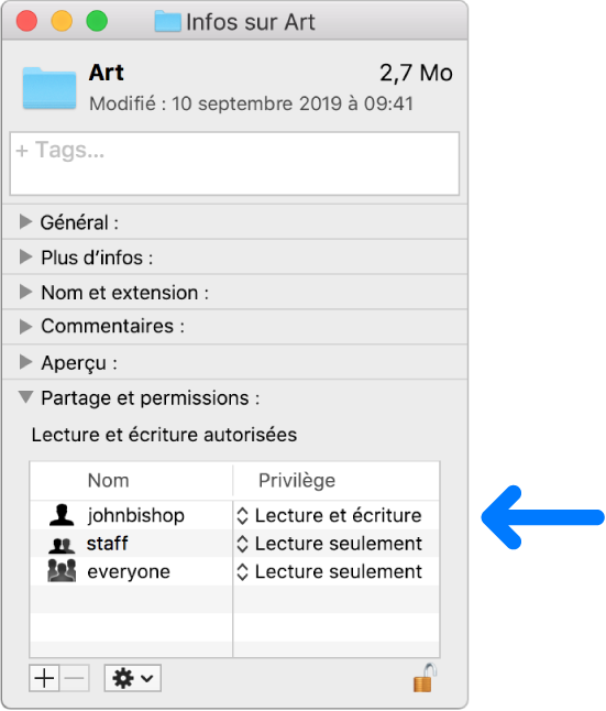 Les réglages d’autorisation au bas de la fenêtre Infos.