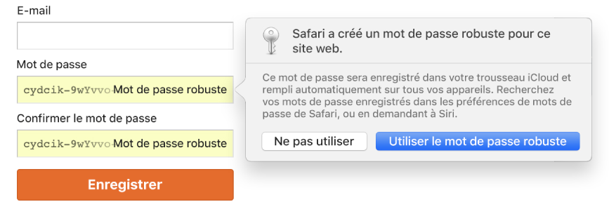 Une zone de dialogue indiquant que Safari a créé un mot de passe robuste pour un site web et qu’il sera enregistré dans le trousseau iCloud de l’utilisateur et rempli automatiquement sur les appareils de l’utilisateur.