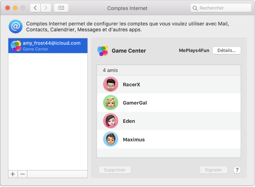 Compte Game Center dans Comptes Internet.