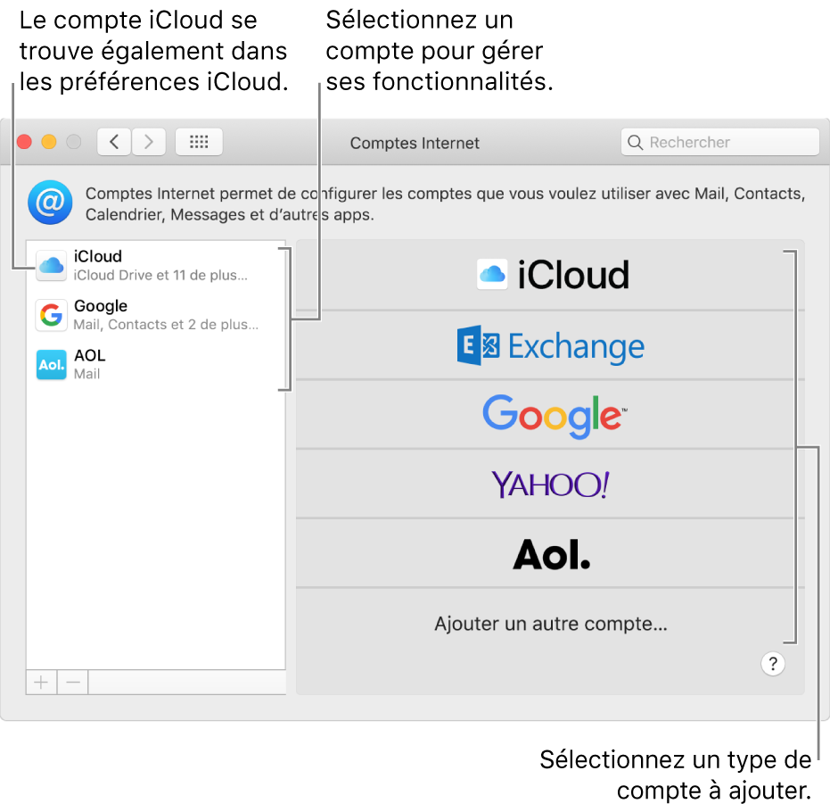 Les préférences Comptes Internet avec des comptes répertoriés à droite et les types de comptes disponibles à gauche.