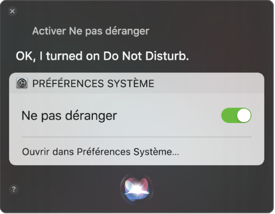 La fenêtre Siri dans laquelle il est demandé “Active Ne pas déranger”.