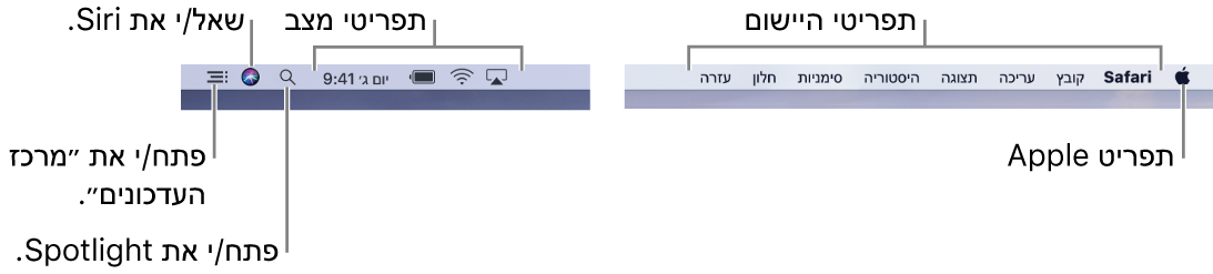 שורת התפריטים. משמאל נמצאים תפריט Apple ותפריטי היישומים. מימין נמצאים תפריטי מצב, והצלמיות של Spotlight, Siri ו״מרכז העדכונים״.