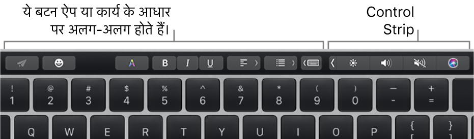 बटन वाला Touch Bar बाईं ओर ऐप या टास्क के साथ और दाईं ओर कॉलेप्स्ड Control Strip के साथ अलग-अलग होता है।