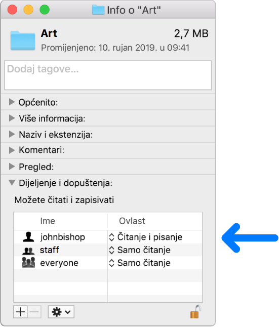 Postavke dopuštenja na dnu prozora Informacije.