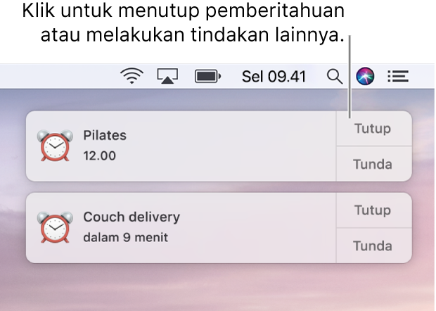 Pemberitahuan dari app Kalender di pojok kanan atas layar.