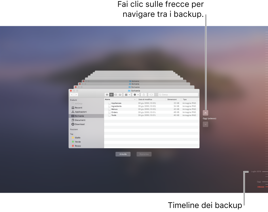 Quando apri Time Machine, visualizzi una schermata sfocata con più schermate del Finder impilate per rappresentare i backup. Fai clic sulle frecce per sfogliare i backup (o fai clic nella cronologia dei backup sulla destra) e scegli i file da ripristinare.
