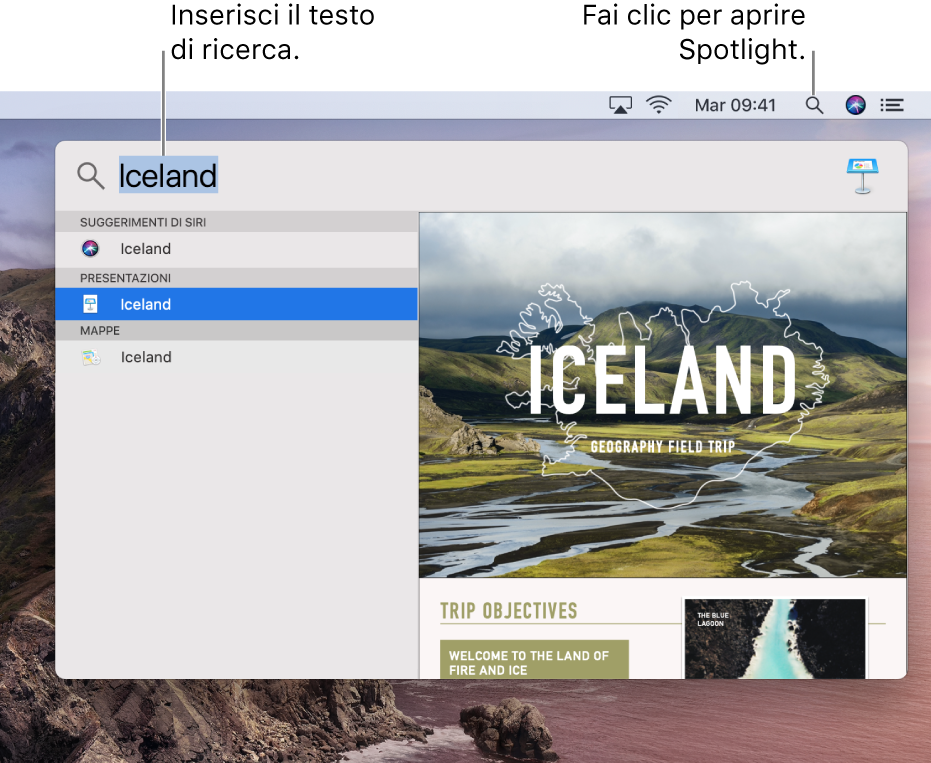 Il menu Spotlight che mostra un esempio di ricerca con i risultati corrispondenti.
