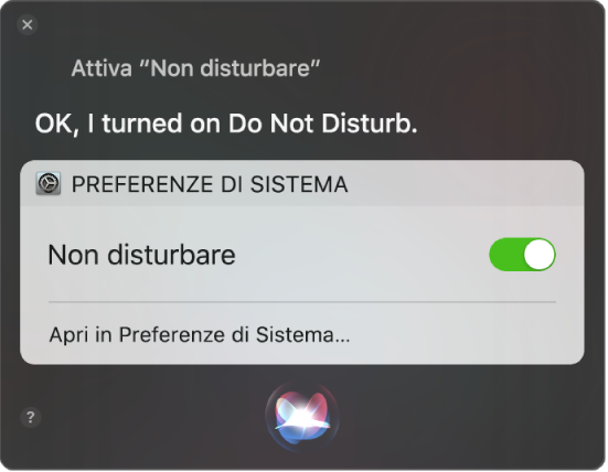 La finestra di Siri window con la richiesta di completare un’attività, “Attiva Non disturbare”.