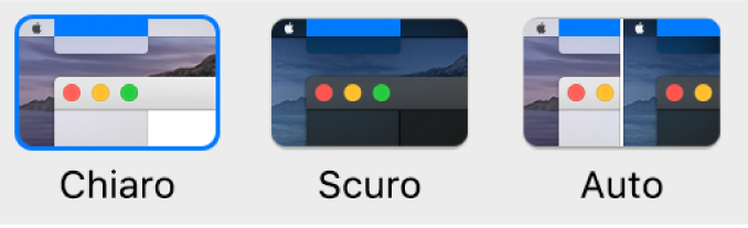 Esempi di aspetto chiaro, scuro e automatico.