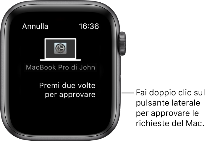 Apple Watch che mostra una richiesta di approvazione da MacBook Pro.