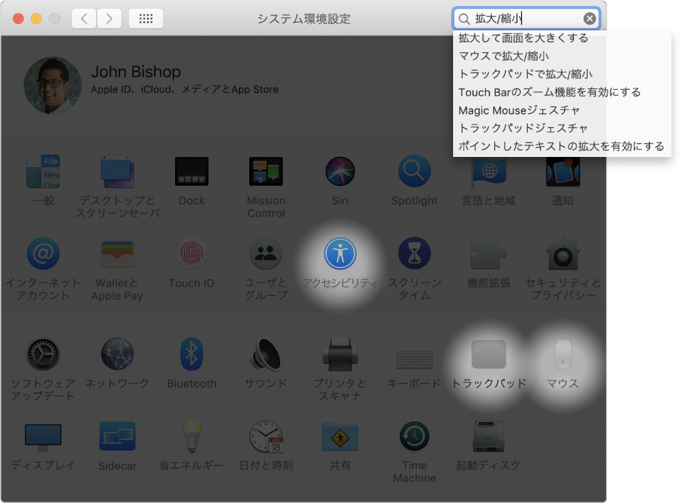 検索フィールドに「ズーム」と表示されている「システム環境設定」ウインドウ。一致する検索結果のリストが検索フィールドの下に表示され、3つの環境設定アイコンが強調表示されています。