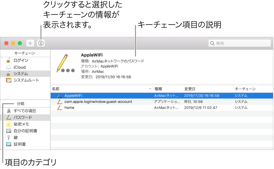 キーチェーンアクセスウインドウのメイン領域: カテゴリのリスト、キーチェーン項目のリスト、およびキーチェーン項目の説明。