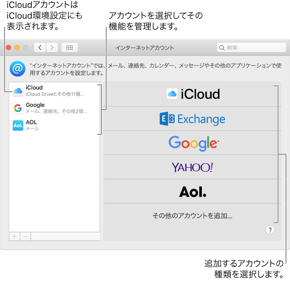 アカウントのリストが右側に表示され、使用可能なアカウントの種類が左側に表示されている「インターネットアカウント」環境設定。
