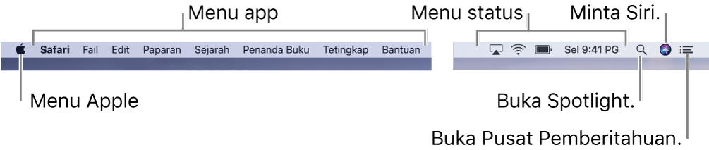 Bar menu. Pada sebelah kiri adalah menu Apple dan menu app. Pada sebelah kanan adalah menu status, serta ikon Spotlight, Siri dan Pusat Pemberitahuan.